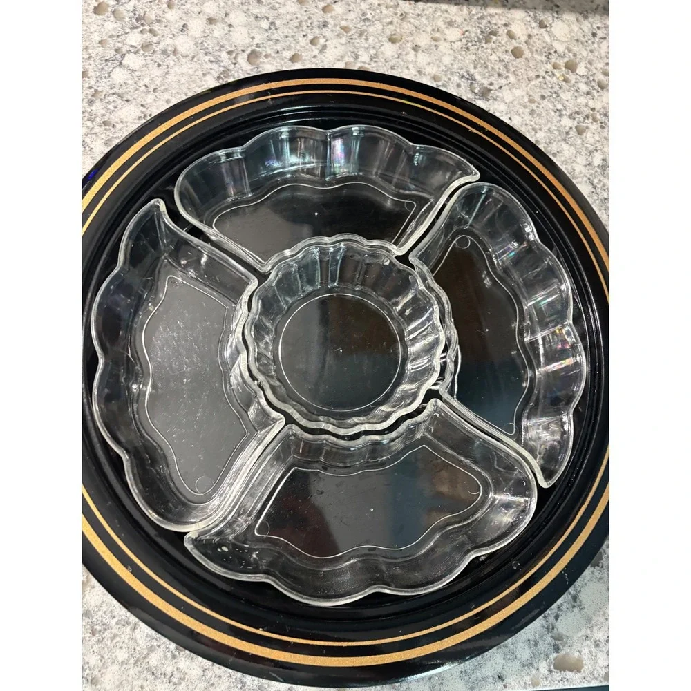 Vtg Lacquerware Black Round‎ Serving Platter Divided Compartments Japan Decor
